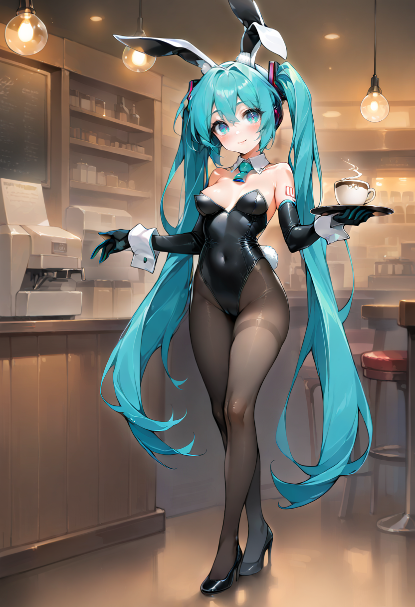 masterpiece, newest,
1girl, shiny skin, bunny girl, hatsune miku, standing, light smile, head tilt, absurdres, long gloves, cafe, leotard, pantyhose <lora:IshikePony:0.8>
