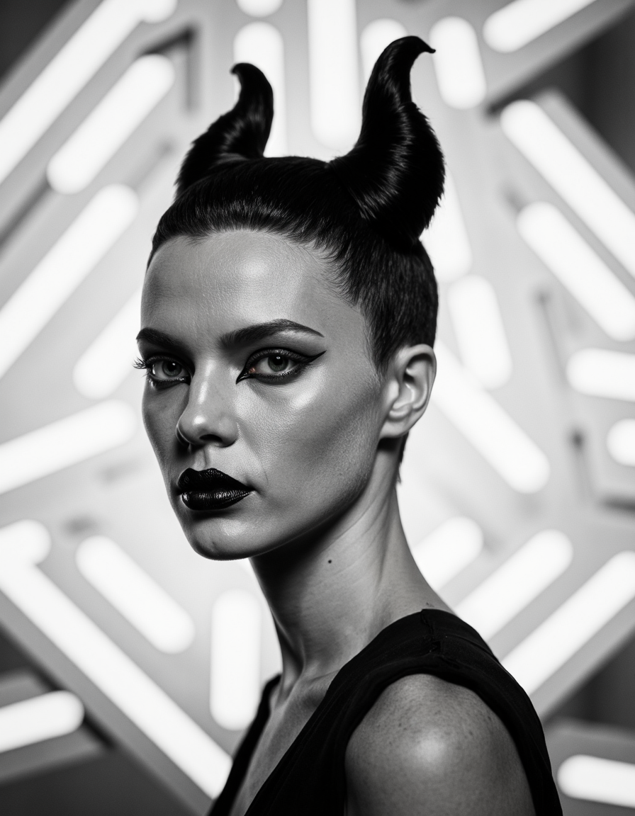 Monochromatic avantgarde photography in high fashion style by Irving Penn. Black and white portrait of a model with an intricate hairstyle, featuring two high, symmetrical updos resembling horns. The makeup is dramatic, with intensely outlined eyes and elaborate, spiky false eyelashes. The background consists of soft focus, geometric, white rectangular shapes, enhancing the model's central position and creating a striking, futuristic atmosphere. The composition highlights contrasts and textures, focusing on the juxtaposition between the model's smooth skin and the complex elements in the hair and makeup.