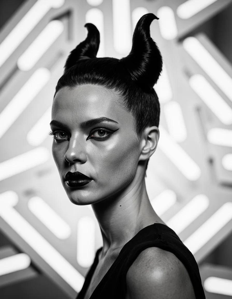 Monochromatic avantgarde photography in high fashion style by Irving Penn. Black and white portrait of a model with an intricate hairstyle, featuring two high, symmetrical updos resembling horns. The makeup is dramatic, with intensely outlined eyes and elaborate, spiky false eyelashes. The background consists of soft focus, geometric, white rectangular shapes, enhancing the model's central position and creating a striking, futuristic atmosphere. The composition highlights contrasts and textures, focusing on the juxtaposition between the model's smooth skin and the complex elements in the hair and makeup.