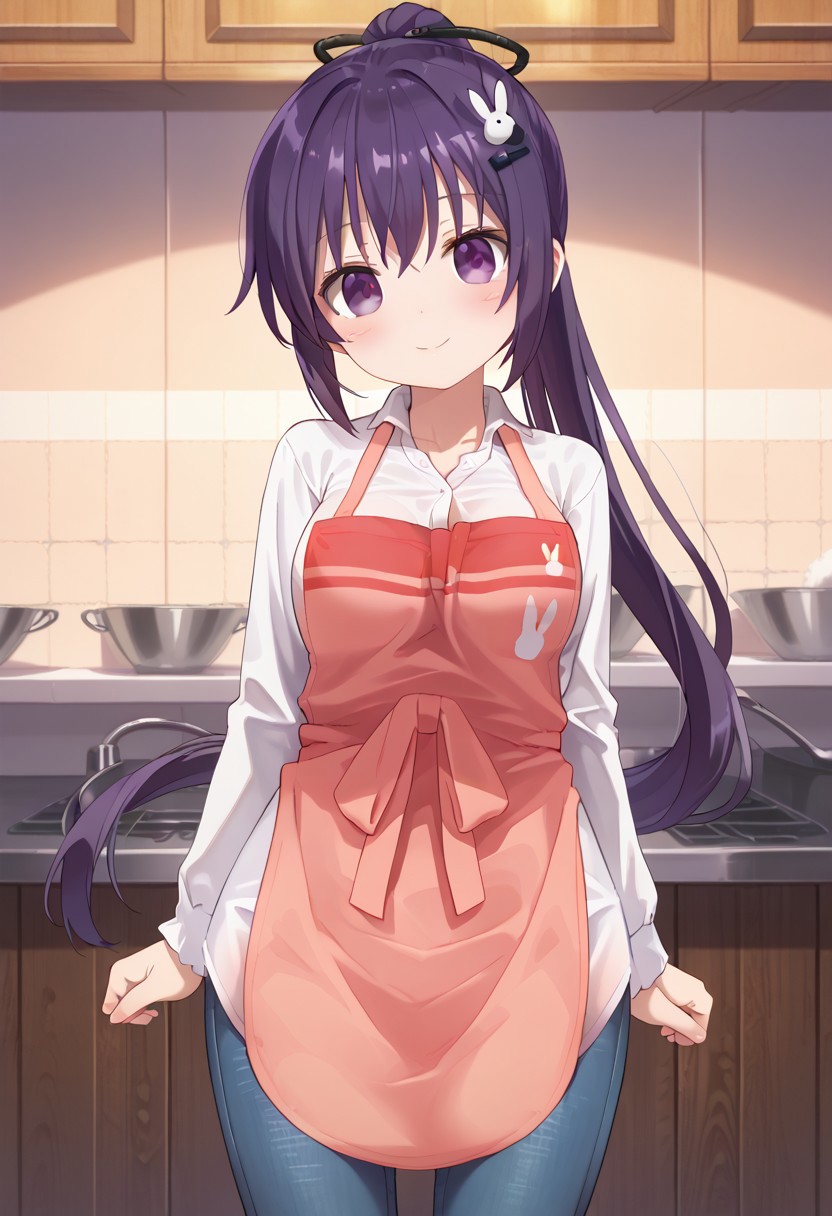 score_9, score_7_up,1girl, looking at viewer, blush, breasts,(purple hair, purple eyes, ponytail, long ponytail, hair ornament, rabbit hair ornament, apron, white dress shirt, jeans), looking at viewer, solo, highres, zPDXL3, detailed face, head tilt, tilted head, short, short girl, ((front view)), standing,happy
