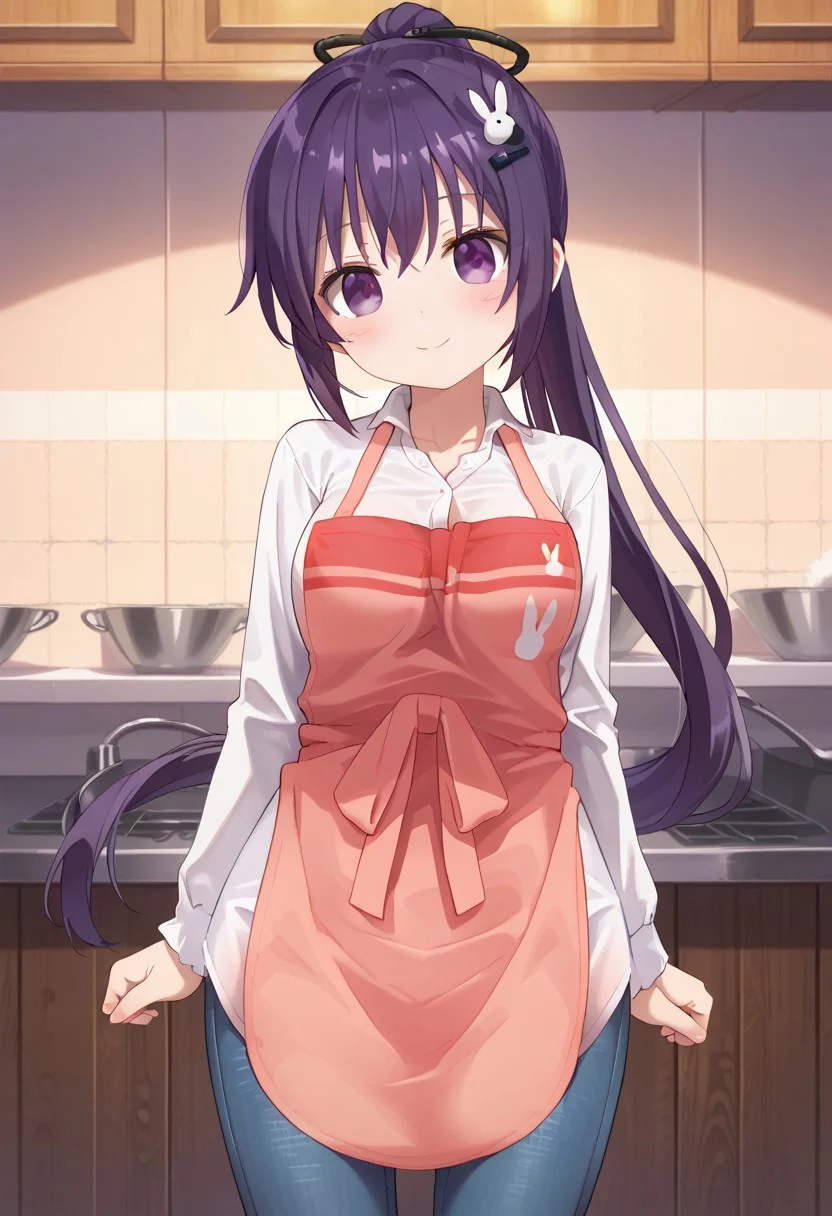 score_9, score_7_up,1girl, looking at viewer, blush, breasts,(purple hair, purple eyes, ponytail, long ponytail, hair ornament, rabbit hair ornament, apron, white dress shirt, jeans), looking at viewer, solo, highres, zPDXL3, detailed face, head tilt, tilted head, short, short girl, ((front view)), standing,happy