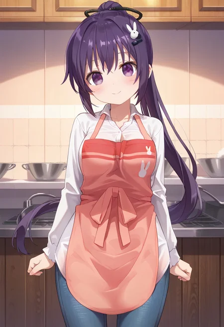 score_9, score_7_up,1girl, looking at viewer, blush, breasts,(purple hair, purple eyes, ponytail, long ponytail, hair ornament, rabbit hair ornament, apron, white dress shirt, jeans), looking at viewer, solo, highres, zPDXL3, detailed face, head tilt, tilted head, short, short girl, ((front view)), standing,happy