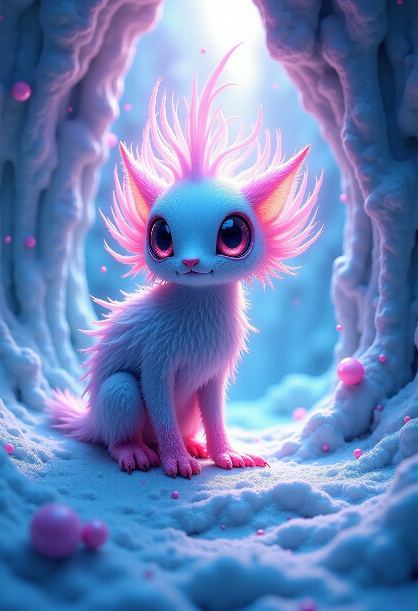 Radiant, big-eyed creature with intricate feathers amidst a prismatic ice cave, snowing pastel hues. Vibrant light refracts throughout, casting kaleidoscopic colors on swirling fractal formations. Photorealistic 3D render.