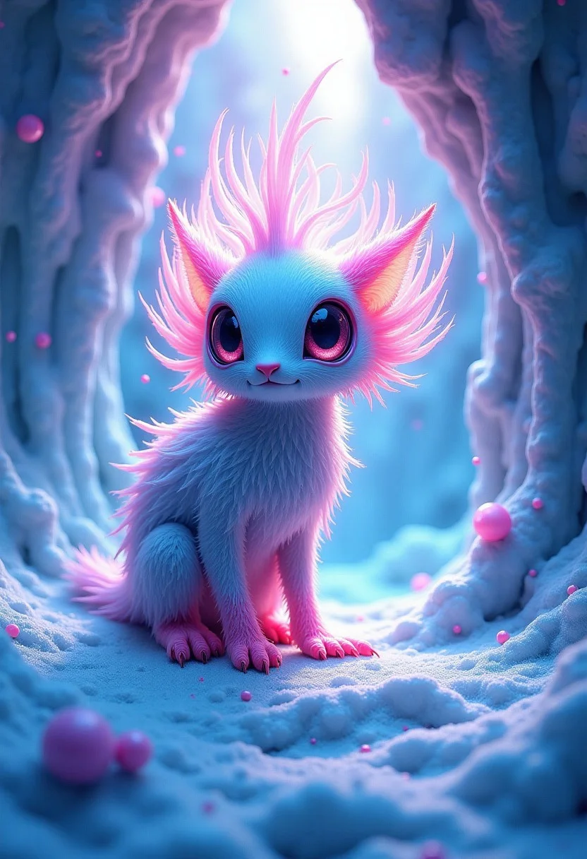 Radiant, big-eyed creature with intricate feathers amidst a prismatic ice cave, snowing pastel hues. Vibrant light refracts throughout, casting kaleidoscopic colors on swirling fractal formations. Photorealistic 3D render.