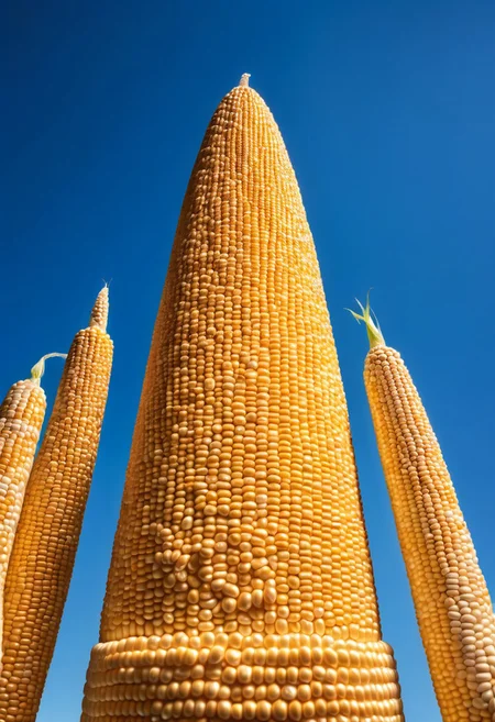 photo of a giant skyscaper made out of Jed-CornK corn kernels under blue sky
