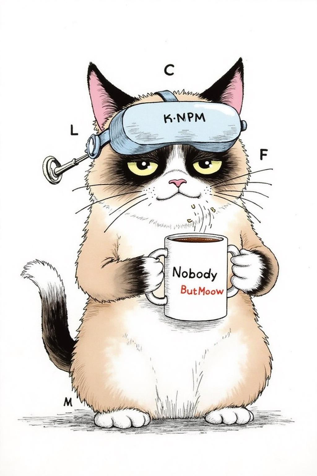 rugo1 illustration. 
Grumpy Cat holding a coffee mug, wearing a VR Headset. The mug has the phrase "NobodyButMeow" printed.
 <lora:rugo1_cap_d6a3e11:1.0><lora:828769220570408884:0>