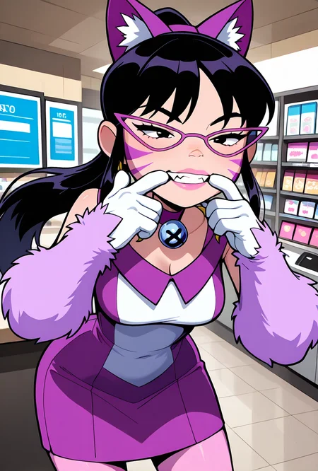 <lora:nyancychan-10:1> nyancychan, black hair, 1girl, long hair, cat ears, purple glasses,  claws, gloves, neck bell, purple choker, whisker markings, ponytail, pink pants, short dress, sleeveless, sharp canines, pink lipstick, expressive, facial expression,(( cartoon, screencap)), half closed eyes, seductive look, leaning forward, teeth, biting fingers, store counter, pet store, cashier,, masterpiece, best quality, amazing quality, very aesthetic, absurdres, newest,