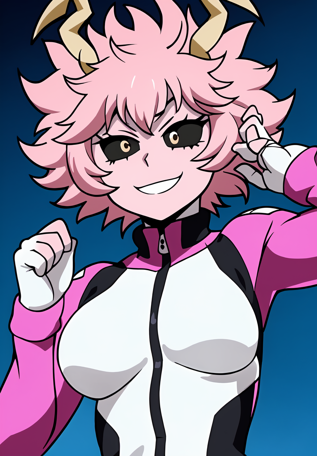 <lora:mina_ashidov2:0.8>, mina_ashido, (masterpiece, best quality,perfect lighting), 1girl, solo, smirk, strike a pose, portrait, hands up, bodysuit,
