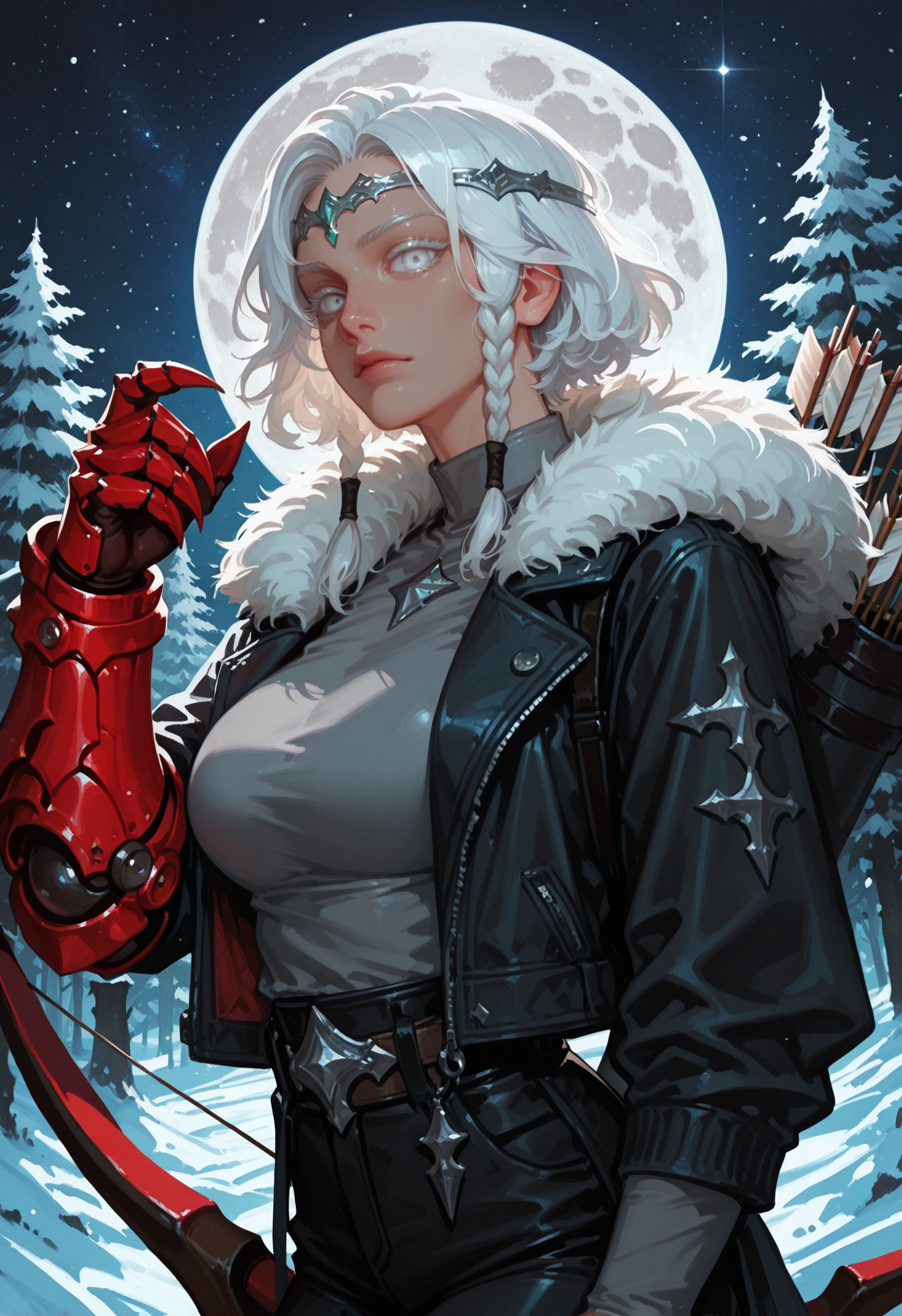 1girl, bow \(weapon\), arrow \(projectile\), weapon, solo, braid, holding, short hair, holding weapon, white hair, holding quiver, white eyes, fur trim, looking at viewer, holding arrow, silver circlet, coat, star \(sky\), long sleeves, , grey shirt,  lips, wavy hair, upper body, starry sky, breasts, crouching, forest, snow, moon, coat, twice_critical, single gauntlet, clawed gauntlet, open jacket, pants, hand up, braided sidelocks, , red gauntlet, , emerald_in_gauntlet, white eyelashes, colored eyelashes, tomboy,   asymmetrical arms,, masterwork, masterpiece, best quality, dynamic lighting , dynamic pose,,  dynamic angle, , , (realistic:1.2), (lineless:1.2), detailed,  , aged up, adult, depth of field, dynamic lighting, blurry, cheekbones,