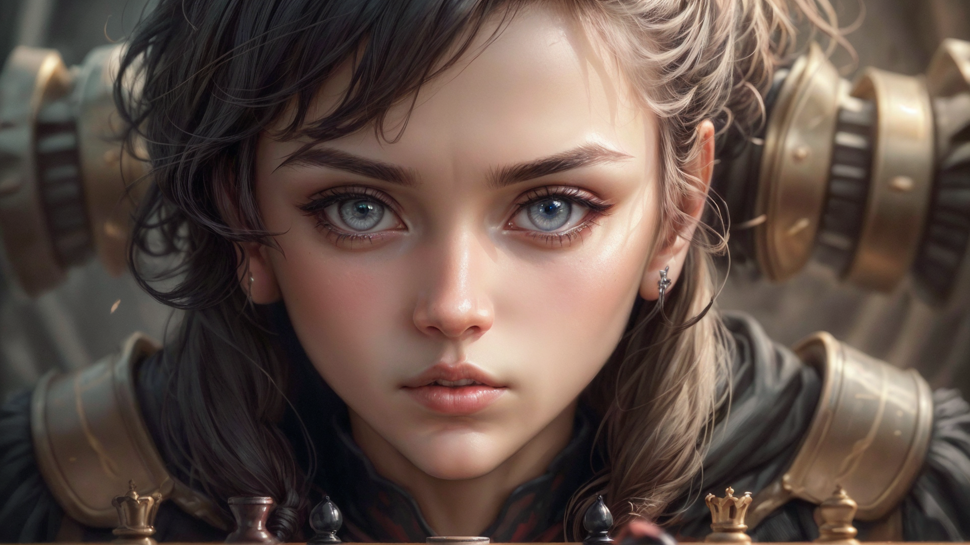 a profestional picutre of W3DDDN3SD4Y , with Hourglass-Muscular - A curvy figure with a well-defined muscular build. , 1gril <lora:mshn:0.7> robot, mshn, mshn robot, robotic warrior with skull face, Serious Chess Contemplation: Hunched over a chessboard, their hand supports their chin as they consider their options. Their brow might furrow, and their gaze is intent on the pieces. , camera angle pov and very wide shot, photorealism,unreal 5 daz,perfectly drawed hands,perfectly drawed face,perfect body,extremely detailed artgerm greg rutkowski greg,((ultrasharp)),((masterpiece)),((best quality)),((ultradetailed)),((intricated details)),ultradetailed character,detailed face,intricated face details,<lyco:GoodHands-beta2:1>,extremaly detailed background,perfectly detailed face,character focus,intricated details of face,fFaceDetail <lora:add_detail:0.7> ultra realistic,32k,RAW photo,(high detailed skin:1.2),8k uhd,dslr,soft lighting,high quality,film grain, beautiful and aesthetic,extremely detailed