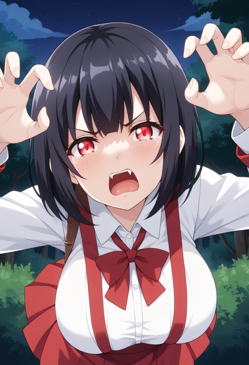score_9,score_8_up,score_7_up,score_6_up, source_anime, BREAK, 
Hiraki Hanako, solo, (large breasts), pale skin, short hair, black hair, bangs, glowing eyes, red eyes, fangs, school uniform, collared shirt, white shirt, long sleeves, claw pose, large breasts, high-waist skirt, suspenders, red skirt, white socks, loafers, 
open mouth, angry, frown, tears, (tear drops), 
looking at viewer, (face shot), (dynamic angle), 
outdoors, (at night:1.3),