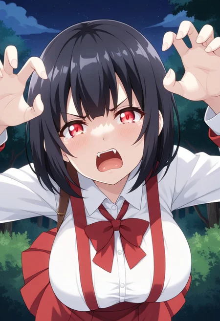 score_9,score_8_up,score_7_up,score_6_up, source_anime, BREAK,
Hiraki Hanako, solo, (large breasts), pale skin, short hair, black hair, bangs, glowing eyes, red eyes, fangs, school uniform, collared shirt, white shirt, long sleeves, claw pose, large breasts, high-waist skirt, suspenders, red skirt, white socks, loafers,
open mouth, angry, frown, tears, (tear drops),
looking at viewer, (face shot), (dynamic angle),
outdoors, (at night:1.3),