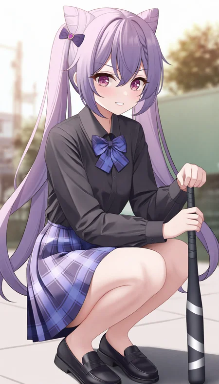 1girl, solo, hair bun, skirt, plaid skirt, shirt, keqing \(genshin impact\), plaid, purple hair, bow, twintails, purple eyes, long hair, bowtie, black shirt, looking at viewer, alternate costume, long sleeves, collared shirt, squatting, purple skirt, school uniform, pleated skirt, double bun, hair between eyes, cone hair bun, shirt tucked in, purple bow, baseball bat, ribbon, hair ribbon, blue bow, full body, blue bowtie, hair ornament, plaid bow, holding, pocket, smile, shoes, black footwear, teeth, sidelocks, white background, blurry, hair bow, blue skirt, purple bowtie,
masterpiece,best quality,newest,absurdres,highres,very awa,<lora:icwine1_noob1.1-000195:0.8>,