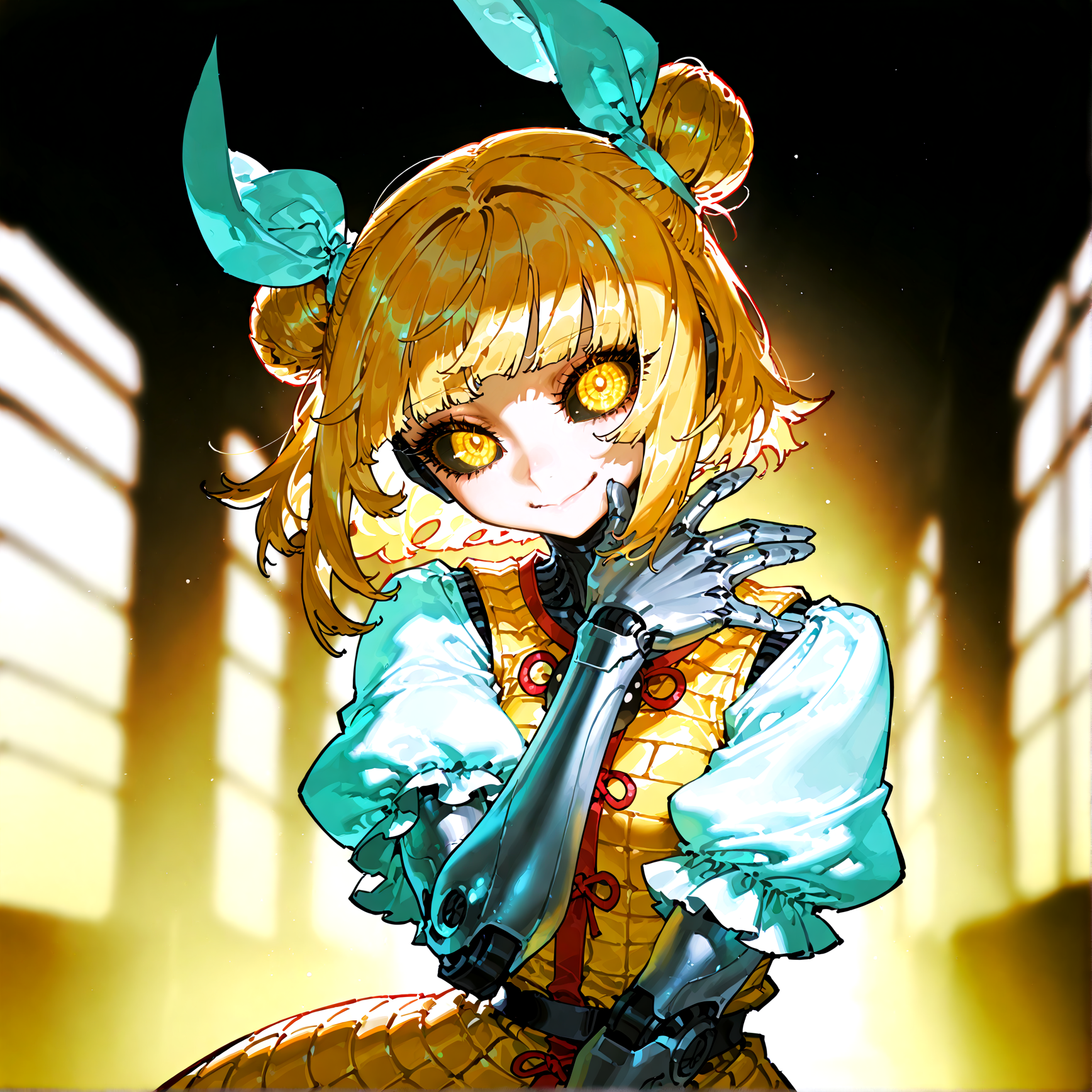 optical illusion,ssambatea, quasarcake, Fishine,piaki, pochincoff:1.2 ,  joutouguu_mayumi, absurdres, highres ,1girl ,solo, blonde_hair, blurry, blurry_background ,dress, hair_ribbon ,looking_at_viewer , puffy_short_sleeves, puffy_sleeves ,ribbon ,shirt ,short_hair ,short_sleeves, ,white_ribbon, white_shirt ,yellow_dress ,yellow_eyes,mechanical_arms,,robot_girl, robot_joints, metal skin, robot body, yellow skin,mechanical_eye ,black_sclera ,colored_skin ,smile,mechanical body,android,no_humans,mechanical_hair,mechanical_jaw,terminator_(series) ,robocop,
<lora:illustrious_noobai_epsilon_pred_1_best_quality_v1:0.5> ,<lora:illustrious_noobai_epsilon_pred_1_masterpieces_v1:0.5>, <lora:ponyv4_noob1_2_adamW:0.5>, <lora:touhou_146:0.4>,