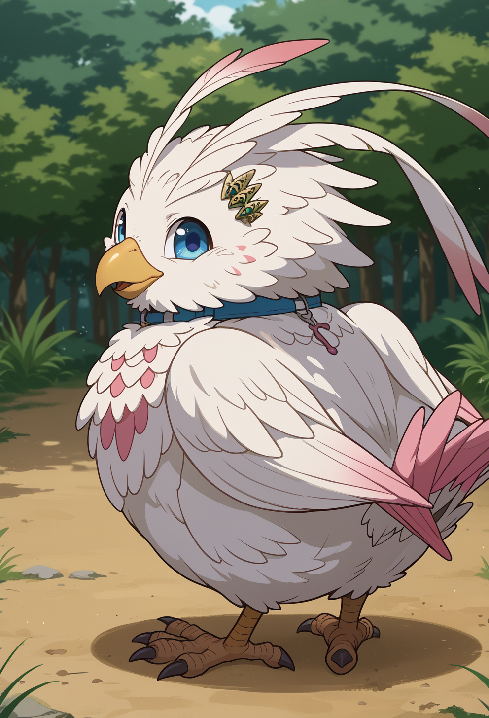 score_9, score_7_up, source_anime,  <lora:AEFiloPony:1> BREAK 
AEFiloBird, animal, beak, bird, blue collar, blue eyes, hairclip, white feathers, wings, full body, from behind, looking back, happy,