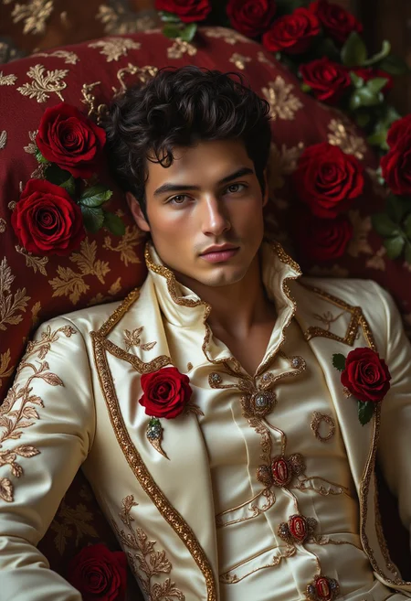This is a high-resolution photograph of a young man with a striking appearance, lying on a richly textured, ornate fabric. He has a strong jawline, full lips, and piercing brown eyes. His hair is dark, curly, and slightly tousled, framing his face. He is dressed in an elaborate, opulent, cream-colored outfit adorned with intricate, gold embroidery and embellished with red roses and other floral patterns. The outfit, reminiscent of a 17th-century courtly robe, features a high, ruffled collar and a detailed, ornate design that includes a pattern of leaves and flowers.
Perfect hand, Detailed hand