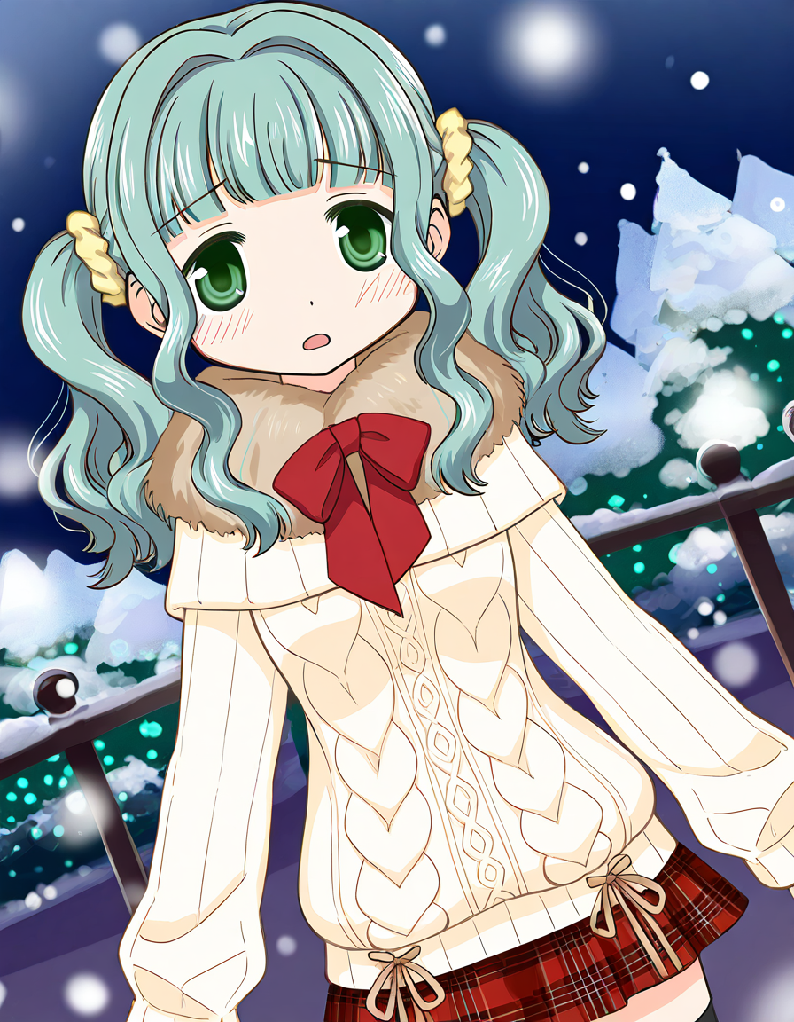masterpiece, best quality, newest, absurdres, highres, safe, 1girl, futaba sana \(winter costume\), magia record: mahou shoujo madoka magica gaiden, thighhighs, solo, open mouth, snowing, outdoors, dutch angle, <lora:futaba_sana_noobaiXLNAIXL_vPred10Version:0.7>
