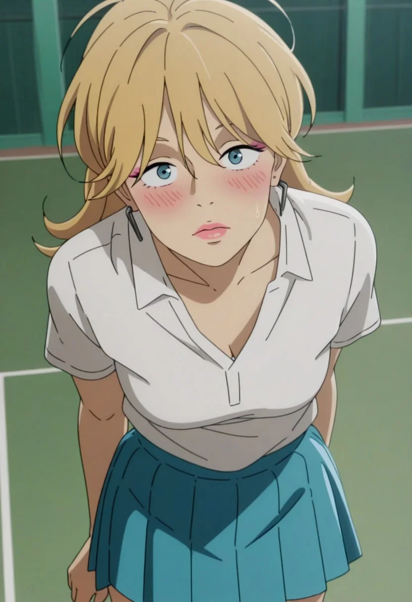 masterpiece, best quality, amazing quality, 1girl, solo, makeup, general, looking at viewer, blush, highres, workoutfit1, 1girl, long blonde hair, bangs, messy hair, blue eyes, medium breast, cleavage |tennis uniform, white shirt, pleated skirt