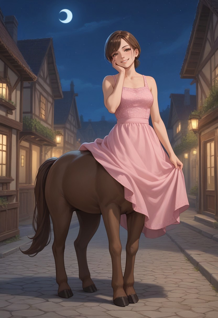 score_9,score_8_up,score_7_up,score_6_up,score_5_up,score_4_up, BREAK woman, centaur, solo, smile, village, night, hooves, brown horse tail, brown hair, swept bangs, brown fur, pink dress, eyelashes, romantic, full body, hand on cheek