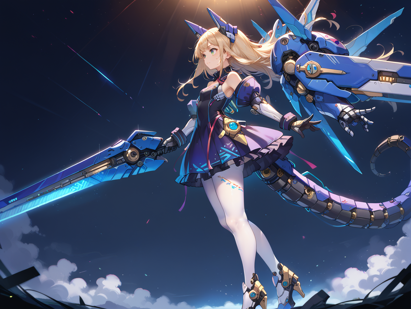score_9, score_8_up, score_7_up,source_anime,
from side, 
mechagirl02,1girl, leotard,white pantyhose, 
solo,mecha musume, mechanical gloves, rgb lights, mechanical tail, armored dress, huge weapon, 
 <lora:roboko-000015:0.7>