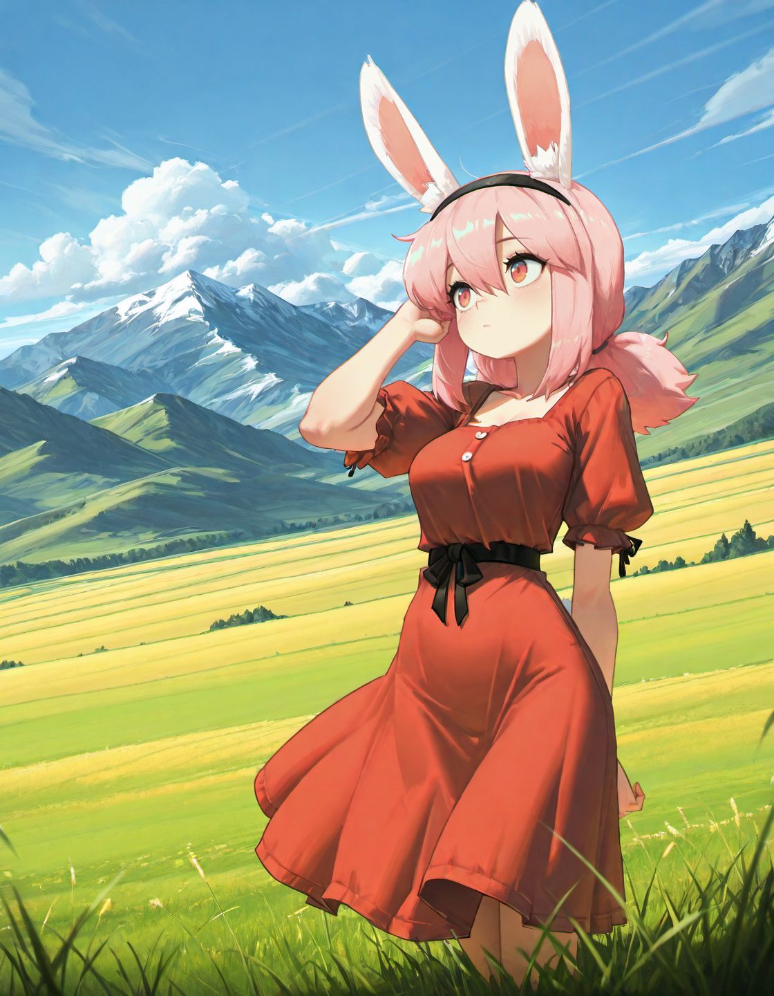 masterpiece, best quality, amazing quality, very aesthetic, high resolution, <lora:porforever_style_v3_illustrious_epoch_7:0.9>, 
por4ever, 1girl, outdoors, animal ears, solo, sky, day, cloud, rabbit ears, field, hairband, blue sky, hair between eyes, scenery, hand up, bangs, pink hair, red dress, mountain, breasts, closed mouth, grass,