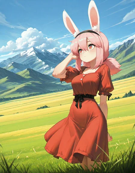 masterpiece, best quality, amazing quality, very aesthetic, high resolution, <lora:porforever_style_v3_illustrious_epoch_7:0.9>,
por4ever, 1girl, outdoors, animal ears, solo, sky, day, cloud, rabbit ears, field, hairband, blue sky, hair between eyes, scenery, hand up, bangs, pink hair, red dress, mountain, breasts, closed mouth, grass,