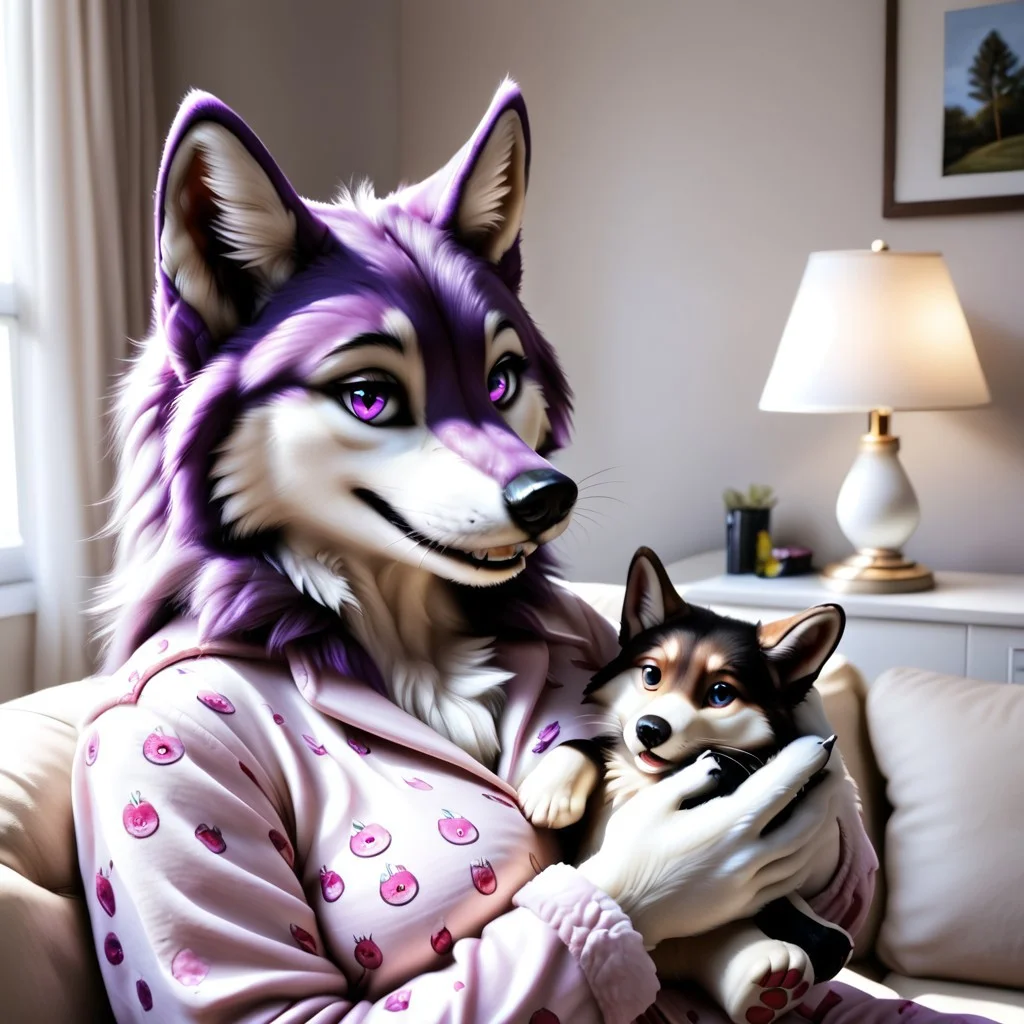 realistic, highres, super high resolution, 8k, photo, whtfx, soft body fur, furry, anthro, detailed fur, female wolf, voluptuous figure, tufted fur, tufted ears, cheast tuft, fluffy canine tail, detailed eyes, detailed body, detailed face, long black hair, canine teeth, purple fur, purple body, purple eyes, whiskers, medium breasts, detailed background, narrowed eyes, lovely eyes, sitting in sofa, pajamas, holding stuffed animal, sunlight, neclace, table lamp, window, curtains,