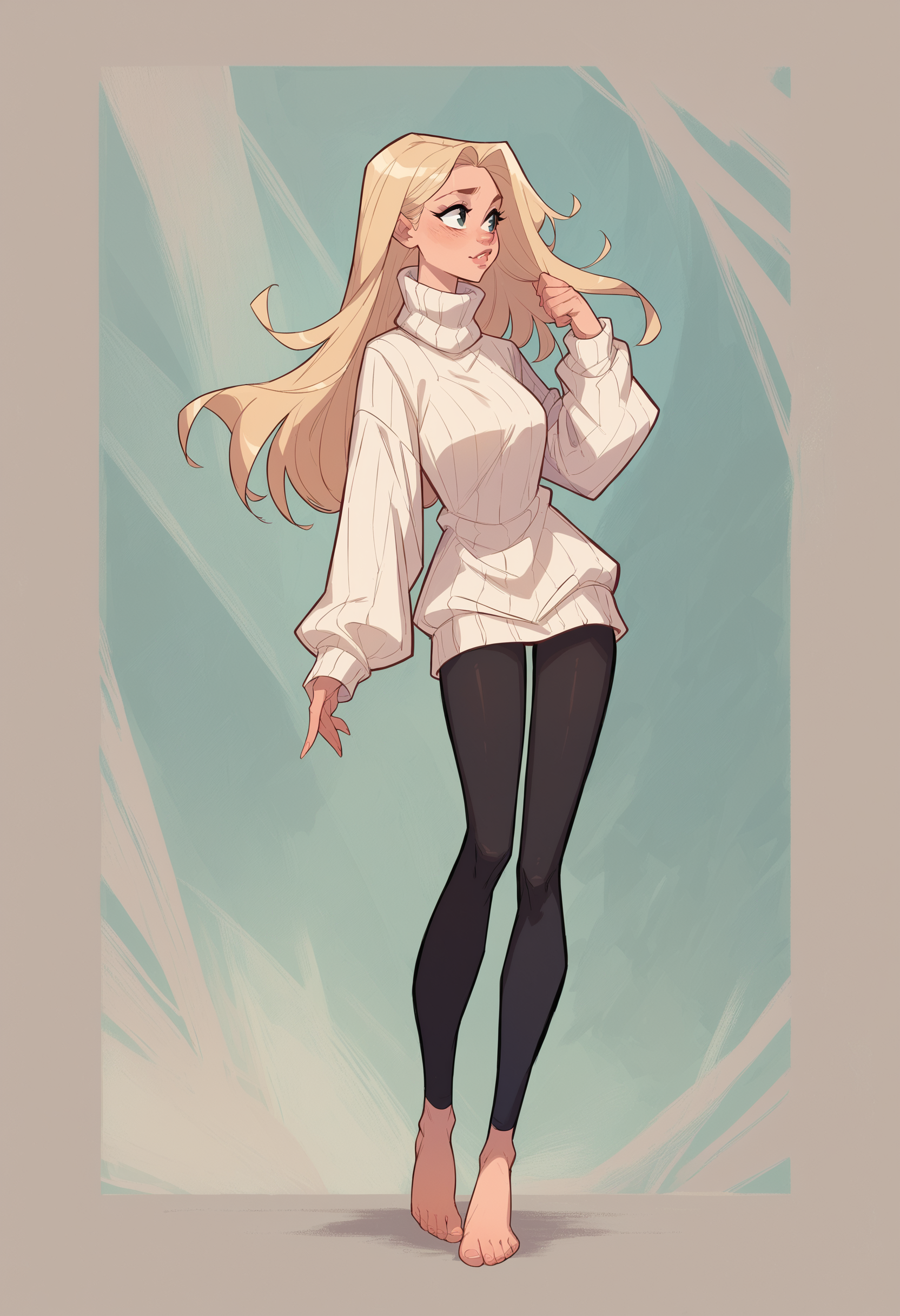 score_9, score_8_up, score_7_up, score_6_up, <lora:tendertroupe_v0.1-pony:1> 
1girl, turtleneck sweater, black leggings, long hair, blonde hair, white sweater, full body,