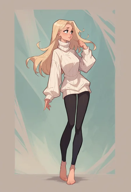 score_9, score_8_up, score_7_up, score_6_up, <lora:tendertroupe_v0.1-pony:1> 
1girl, turtleneck sweater, black leggings, long hair, blonde hair, white sweater, full body,