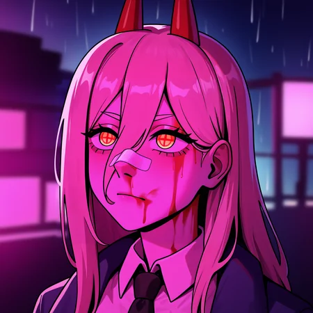 best quality, amazing quality, very aesthetic, absurdres,
1girl, power \(chainsaw man\), pink hair, blonde hair, red horns, red eyes, cross-shaped pupils, long hair, hair between eyes, symbol-shaped pupils,
collared shirt, black necktie, long sleeves,
portrait, blood on face, bandaid on nose,blurry background, pink lighting, night, dark, pink theme, rain <lora:YouLookLonelyIllustriousXL_byKonan:1>