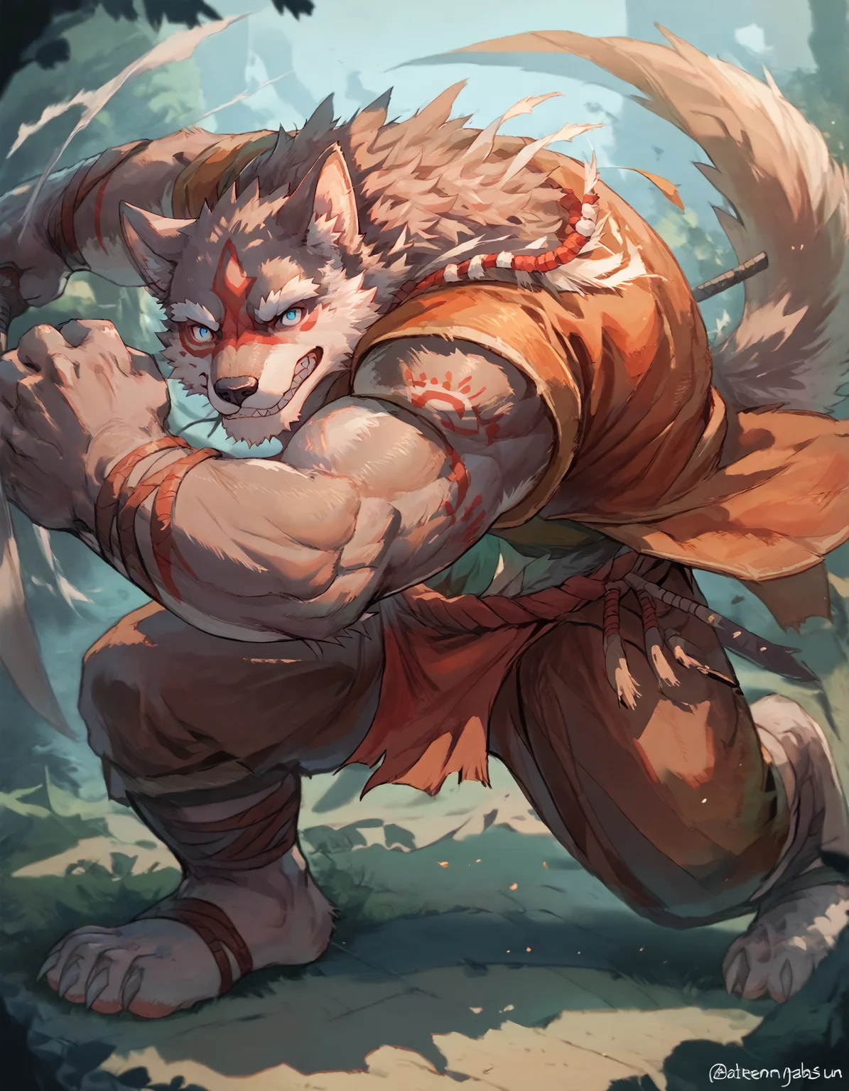 score_9, score_8_up, score_7_up, rating_safe, source_furry, detailed, detailed background, 2D, solo, soft light, fighting stance, BREAK Eyv1ndXL, bara, anthro, body fur, male, blue eyes, red markings, face markings, fur, tail, furry, clothed, tribal clothing, fighting stance, smirk embedding:zPDXL3, <lora:Eyvind_-_Tavern_of_Spear_-_PonyXL.safetensors:1.0>, <lora:fight stance V2.safetensors:1.0>,
