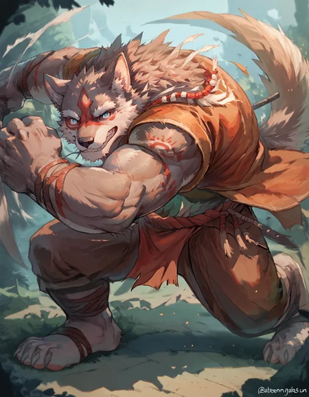 score_9, score_8_up, score_7_up, rating_safe, source_furry, detailed, detailed background, 2D, solo, soft light, fighting stance, BREAK Eyv1ndXL, bara, anthro, body fur, male, blue eyes, red markings, face markings, fur, tail, furry, clothed, tribal clothing, fighting stance, smirk embedding:zPDXL3, <lora:Eyvind_-_Tavern_of_Spear_-_PonyXL.safetensors:1.0>, <lora:fight stance V2.safetensors:1.0>,