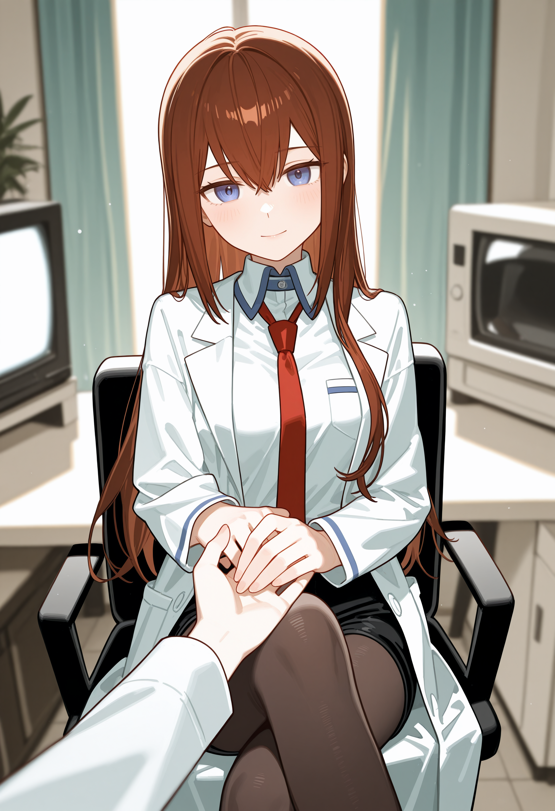 omo-socratesax,medium breasts,makise kurisu \(steins;gate\),labcoat, black pantyhose,straight hair, ,1girl,solo,crossed legs,POV,smile,microwave,laboratory,chair,cowboy_shot,depth of field,lens_flare,television,table,sunset shimmer,dark,holding_hands, single_hand, ,masterpiece,best quality,newest,absurdres,highres,very awa