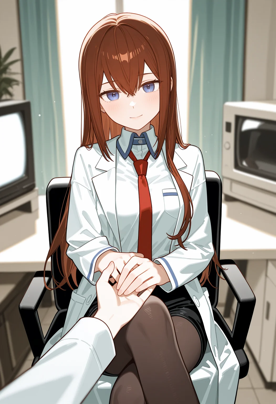 omo-socratesax,medium breasts,makise kurisu \(steins;gate\),labcoat, black pantyhose,straight hair, ,1girl,solo,crossed legs,POV,smile,microwave,laboratory,chair,cowboy_shot,depth of field,lens_flare,television,table,sunset shimmer,dark,holding_hands, single_hand, ,masterpiece,best quality,newest,absurdres,highres,very awa