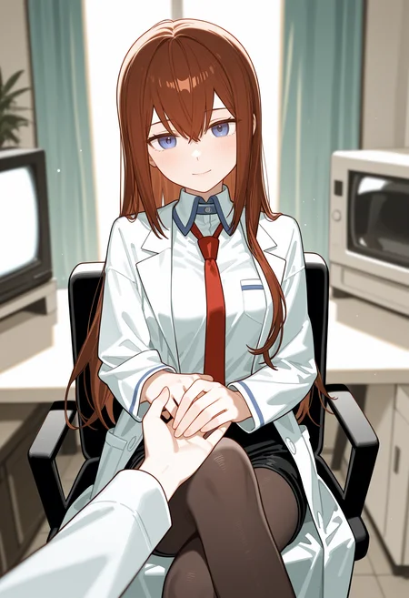 omo-socratesax,medium breasts,makise kurisu \(steins;gate\),labcoat, black pantyhose,straight hair, ,1girl,solo,crossed legs,POV,smile,microwave,laboratory,chair,cowboy_shot,depth of field,lens_flare,television,table,sunset shimmer,dark,holding_hands, single_hand, ,masterpiece,best quality,newest,absurdres,highres,very awa