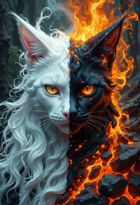 Highly detailed, left hand side white snow and ice/right hand side lava fire and ashes highly cinematic, close-up image of a goddess cat over the fractal fog world, perfect composition, dark colours, green leaves, forest, lots of details, diamond flowers, metallic ink, beautifully lit, fire and smoke, a fine art painting by drew struzan and karol bak, gothic art, dark and mysterious, ilya kuvshinov, russ mills