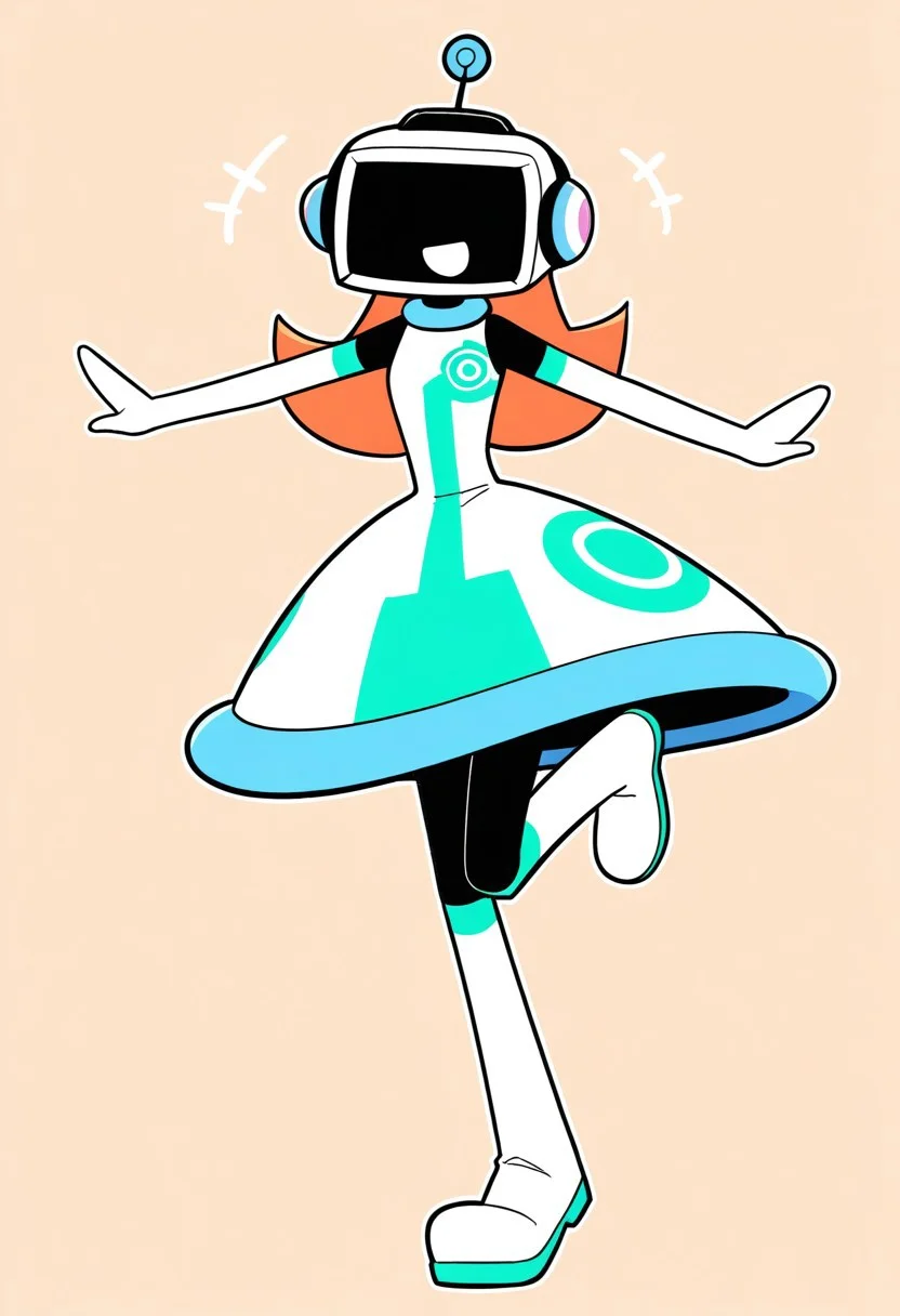 score_9, score_8_up, score_7_up,8k,(masterpiece,best quality)),best res,,good anatomy,cute,(sexy:1.3),ultra cute, ,face,hot,female,smiling,extremely detailed face,4k,happy, upper body,,detailed eyes,beautiful,smiling,,cute,very cute,, ,blushing,upper body,tall,arms,, solo, blush, perfect lighting, hips, skinny,,,blushing,smiling,tall female,ALT, 1girl, solo, long hair, looking at viewer, smile, simple background, gloves, dress, standing, full body, boots, sleeveless, elbow gloves, white gloves, white dress, bag, orange hair, sleeveless dress, white footwear, leg up, standing on one leg, helmet, outstretched arms, robot, outstretched arm, brown background, headset, white skin, antennae, android, radio antenna, humanoid robot, robot girl, colored skin, dancing, white eyes, television
