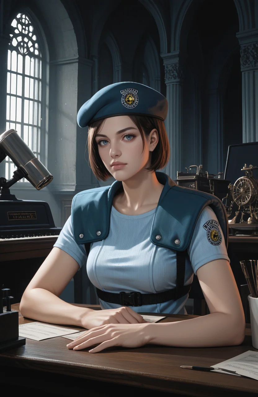score_9, score_8_up, score_7_up, score_6_up, score_5_up, score_4_up, source_anime, realistic, photoshop \(medium\), <lora:REJill_t1-000022-128:1.0> RE1Jill, blue eyes, brown bob cut, beret, breasts
, looking at typewriter, table
, dark environment, mansion, indoors, moody lighting