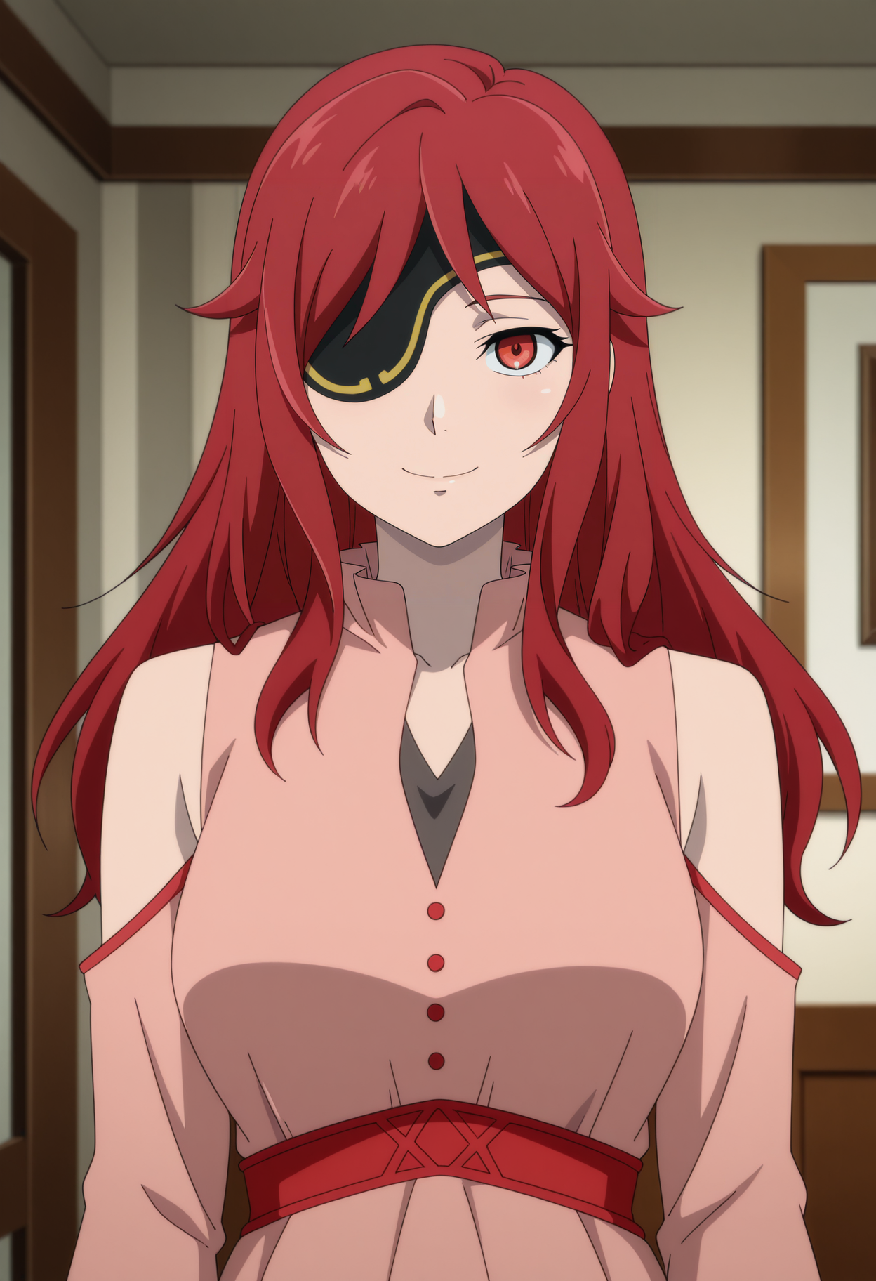 1girl,solo,mm,mature female,red hair,long hair,eyepatch,red eyes,anime coloring,
dress,upper body, looking at viewer, smile,indoors
,masterpiece,best quality,amazing quality,<lora:Hwaryun-Tower_of_God_r1:0.8>