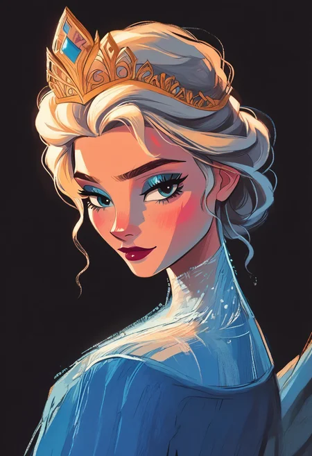 score_9, score_8_up, score_7_up, score_6_up, aesthetic, s1_dram, ncpy13 style,ElsaXPL, pastels drawing, deep black background, Using deep blue, silver and black colors create A beautiful young woman dressed as the queen of ice sits on a throne made entirely of ice. She's wearing a flowing blue dress with silver accents and has a crown made of tiny icicles perched atop her head. The style is a dark fantasy setting, upperbody portrait, elegant, intricate details.