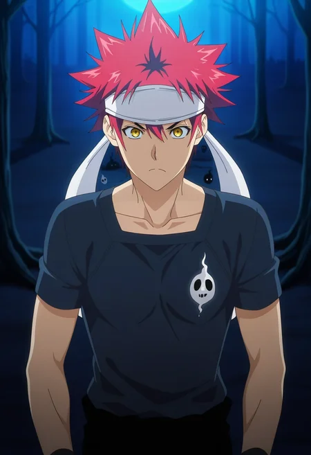 masterpiece, best quality, , anime screencap, anime coloring, official style, , 1boy, solo, male focus, <lora:souma_yukihira_ilxl:1>, souma_yukihira, red hair, yellow eyes, spiked hair, white headband, , haunted garden, ghost flowers, mist paths, shadow pools, exploring pose, cautious expression, moonlight,