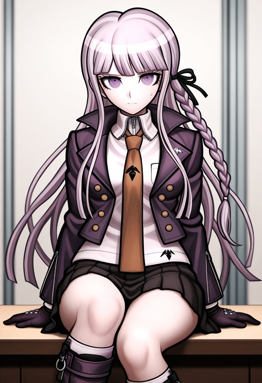 Kyoko Kirigiri DR1, Kyoko Kirigiri, masterpiece, best quality, purple eyes, and a pale complexion, long lavender hair down with a single braid on her left side, tied with a black ribbon, dark purple collared jacket with six brown buttons over a zipped up long-sleeved white blouse and brown tie with a bird-like symbol on it, black short skirt, heeled knee-high purple boots with equally knee-high light purple socks, custom-made black studded gloves, medium breasts, looking at viewer
