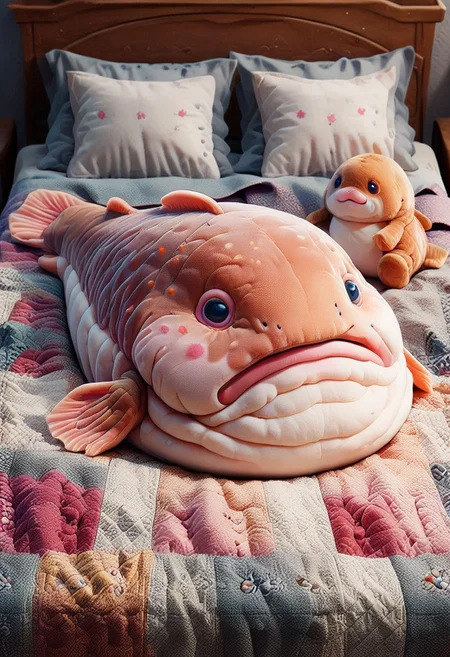 score_9, score_8_up, score_7_up, plushify, character stuffed toy, chibi, plush version of a bl0bf1sh, fish, on bed