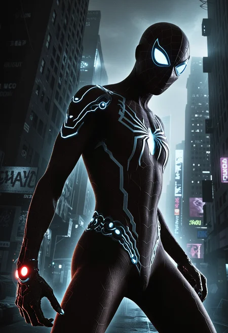Gritty high-contrast monochromatic photo, futuristic cityscape, dystopian atmosphere, Spider-Man, battered rusty suit, intricate cybernetic enhancements, dramatic shadows, deep blacks, neon accents, eyes are highlighted with piercing LED lights, intense intensity, organic and mechanical elements blend, integrated cybernetic prosthetics showcasing human-technology fusion