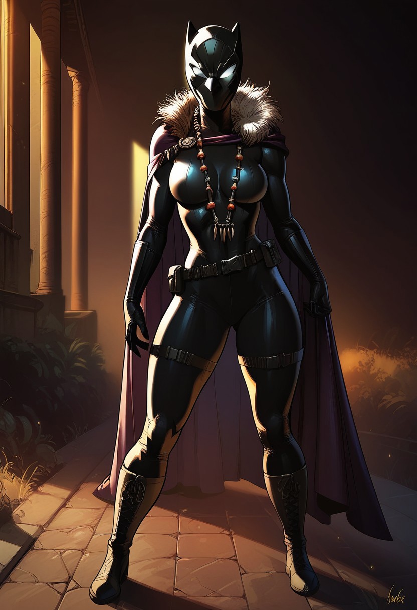 score_9, score_8_up, score_7_up, score_6_up, score_5_up, 1girl, African, Africanmask,
modern  mask, 
BlackPanther, Shuri, Marvel, white eyes, no pupils, black bodysuit, bodysuit, black gloves, black boots, mask, black mask, covered face, no mouth, belt, black belt, cape, purple cape, jewelry, necklace, fur trim, claws,
in temple, at night,thick thighs,