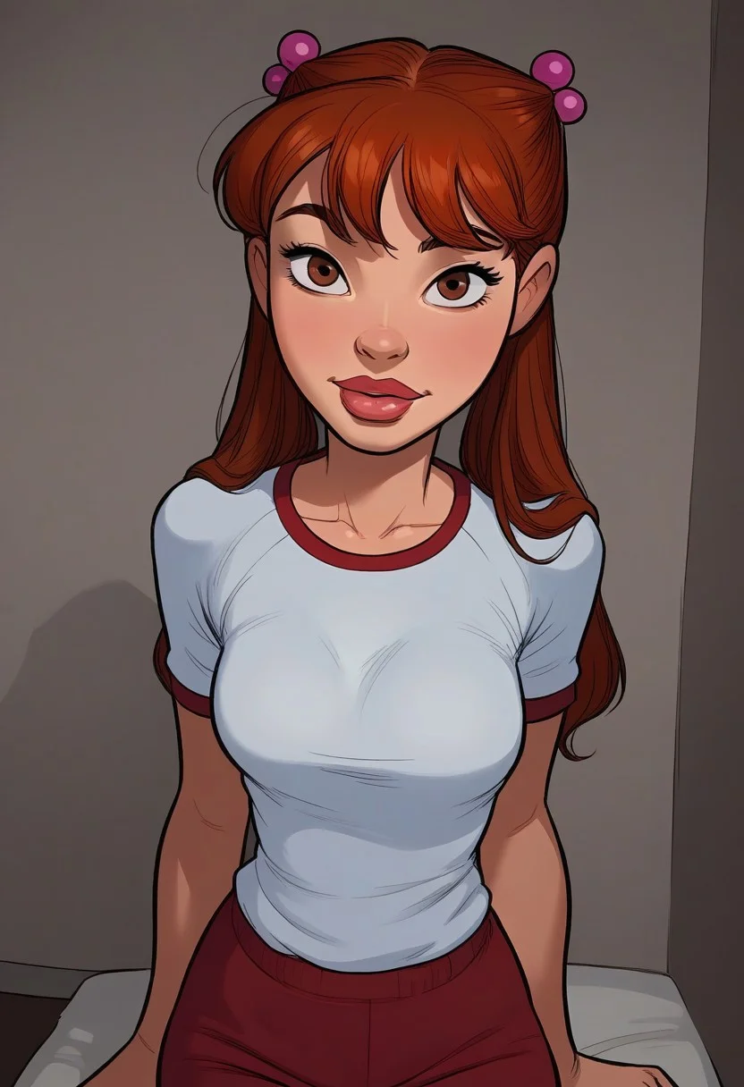 masterpiece,best quality, highly detailed, score_9, score_8_up, score_7_up, score_6_up,source_cartoon, red hair, thick lips, 1girl, long hair, hair bobbles, twintails, brown eyes, 20yo, gym background, sexy expression, looking at viewer, gym clothes, red shorts, white t-shirt, full body shot