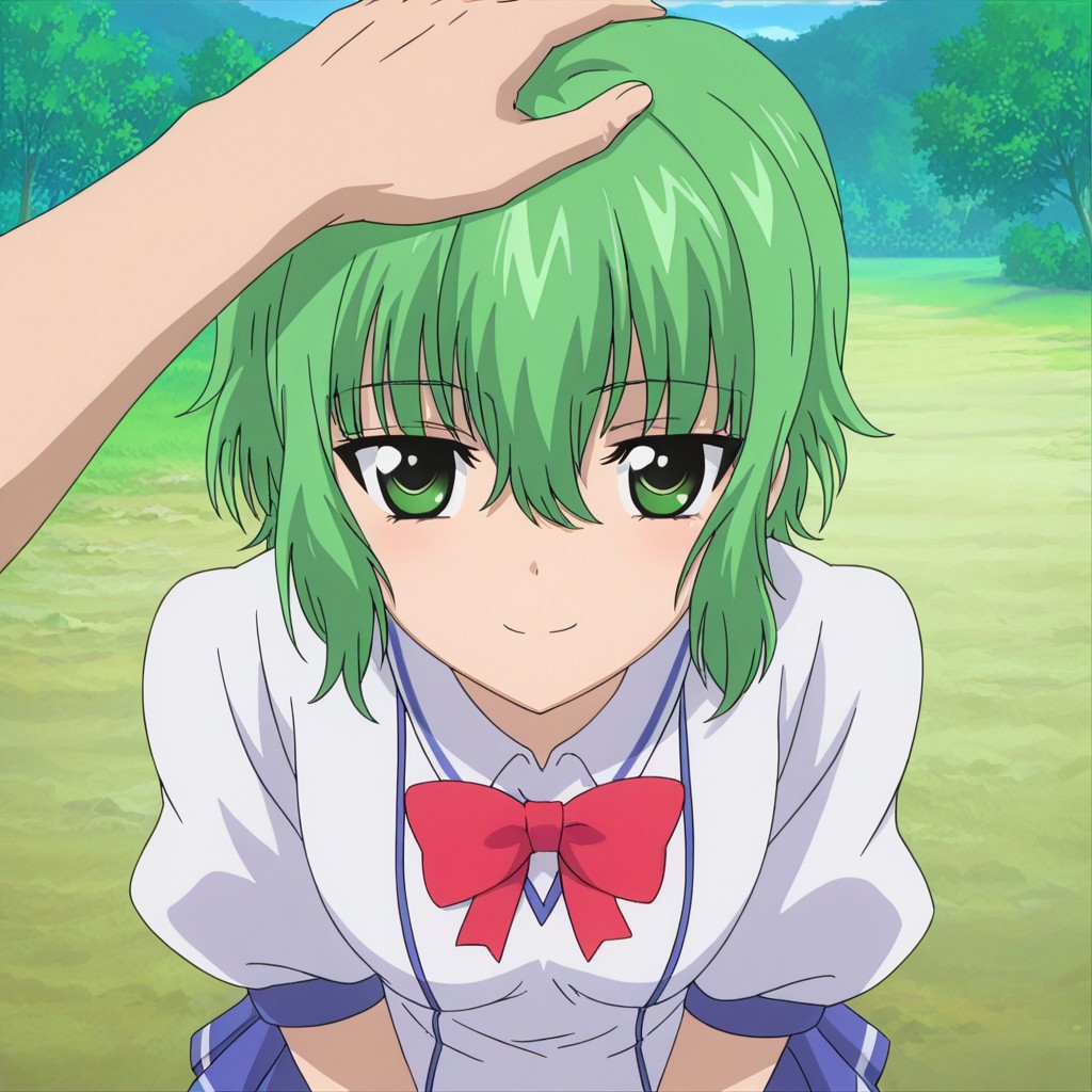 masterpiece, best quality, amazing quality, very aesthetic, absurdres, newest, scenery, best quality, anime coloring, koroneww, green eyes, green hair, short hair, bangs, hair between eyes, school uniform, red bowtie, white school shirt, short sleeves, blue pleated skirt, anime_screencap, face focus, pov, headpat, cute smile, smile, looking at viewer, :)