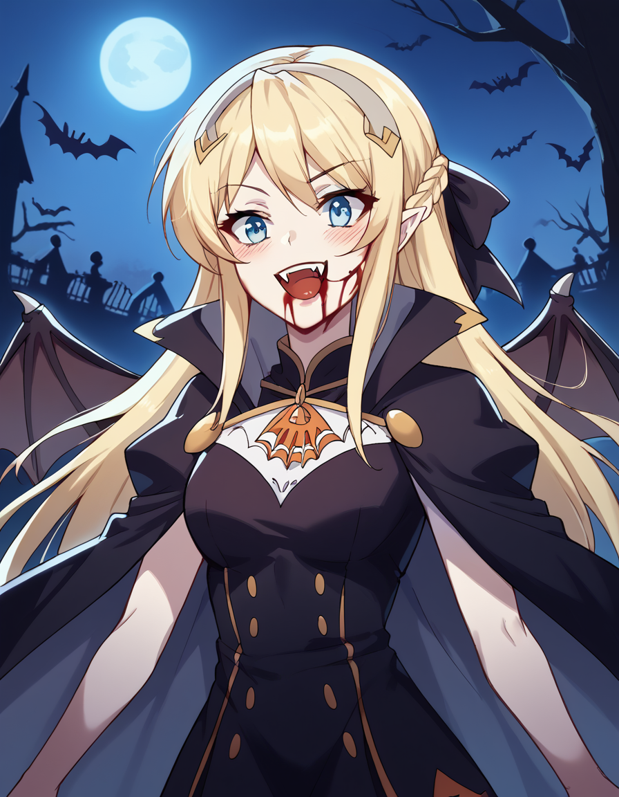 score_9, score_8_up, score_7_up, source_anime, <lora:hildegard-minas-lestia-s2-ponyxl-lora-nochekaiser:1>, hildegard minas lestia, long hair, blue eyes, blonde hair, braid, french braid,, <lora:vampire-ponyxl-lora-nochekaiser:1>, vampire, red eyes, pointy ears, fangs, black dress, wings, blood, blood on face, blood on mouth, bat (animal), halloween, halloween costume, upper teeth only, night, moon, blush, smile, open mouth, , dutch angle, cowboy shot