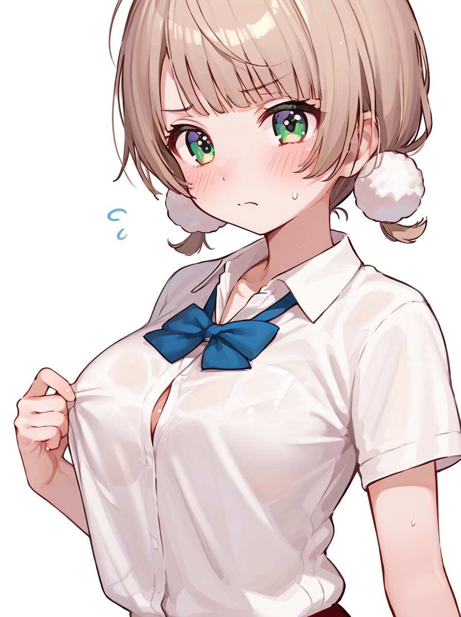 score 9, score 8 up, score 7 up, detailed background, shiny skin,
<lora:uimm.pony:1>,
uimm, summer, shirts, large breasts, 
blush, frown, undressing,  sweat,