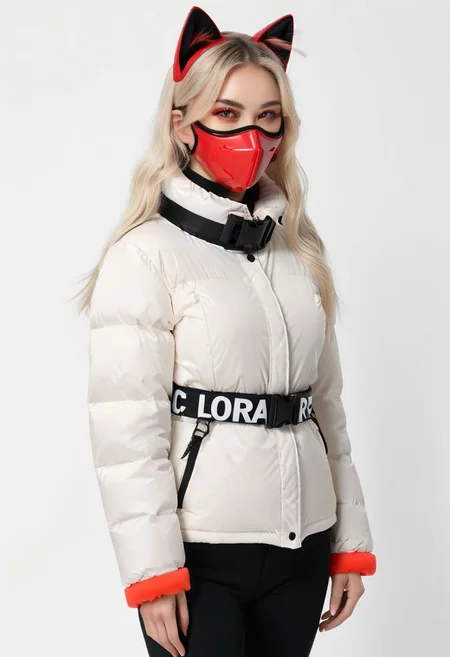 ((((padded down coat)))), ((((padded puffer coat)))), ((((padded winter clothes)))), ((((very cold)))), ((((puffer hood up)))), ((((full body)))), beautiful, masterpiece, 1girl, mature female, (((white long hair))), (((red eyes))), cat ears, large breasts, gloves, chest harness, (((half face mask))), army, Red digital camouflage, steam, cyberpunk, city, neon lights, pressure squeezing cuffs, pressure squeezing collar, (Thick padded cuffs:1.4), (Thick padded collar:1.4), <lora:Collar-SDXL:0.75>, <lora:Cuffs-SDXL:0.75>, <lora:fashion_lora:0.6>